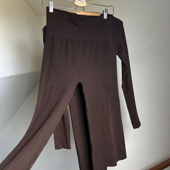 Elle Tian‎ Matching Two Piece Set Long line Tunic Top Capri Leggings Brown - Picture 7 of 9